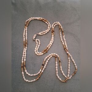 Vtg Rice Pearl/Tigerseye Bead Necklace